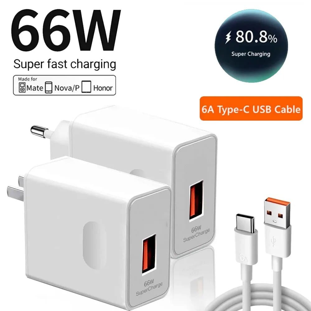 Супербыстрое USB-зарядное устройство 66 Вт для Huawei Mate 40 50 P50 P60 Nova 10 Honor 90 100 X8b Magic 5 Lite 6 Pro Тип C Зарядка 6А Кабель 1 м