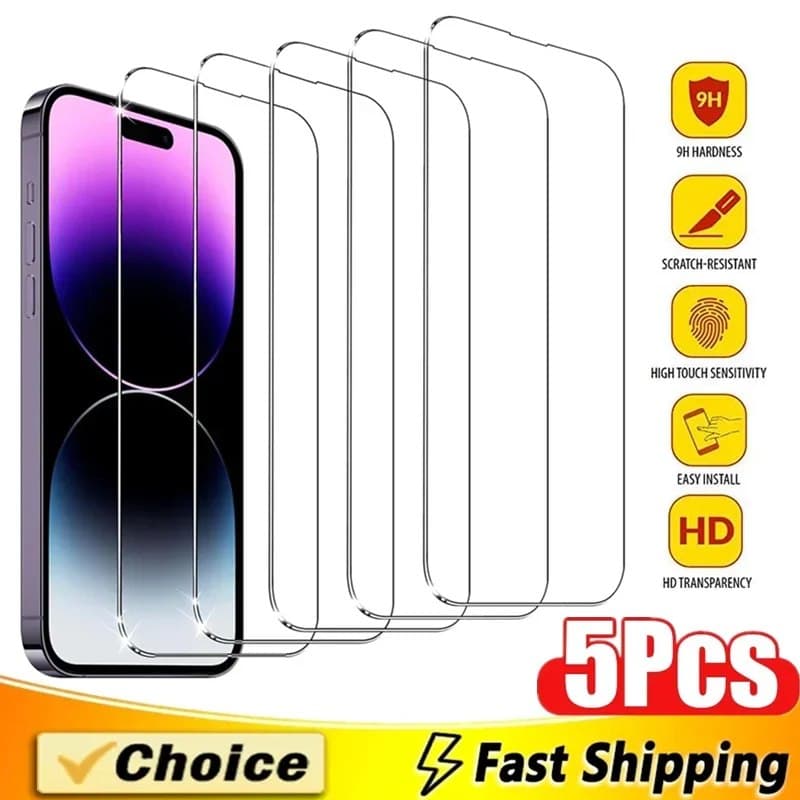 5 шт. закаленное стекло для iPhone 15 13 11 12 14 Pro Max Mini Защитная пленка для экрана для IPhone 16 17 8 Plus X XR XS MAX Защитное стекло