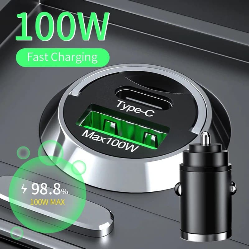 Автомобильное зарядное устройство USB 100 Вт, мини-быстрая зарядка, два порта, зарядное устройство для телефона типа C QC3.0 PD, автомобильные зарядные устройства для IPhone, Xiaomi, Huawei, Samsung