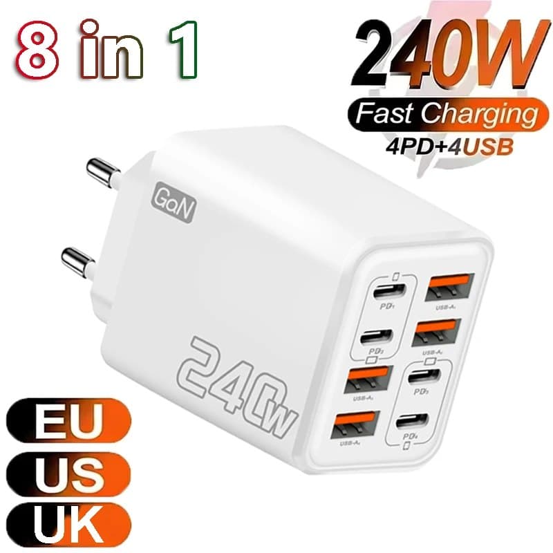Зарядное устройство GaN USB-C 240 Вт, 8-в-1, быстрая зарядка для телефонов, адаптер питания для iPhone, Xiaomi, Type-C, с вилками EU/US/UK, настенное зарядное устройство