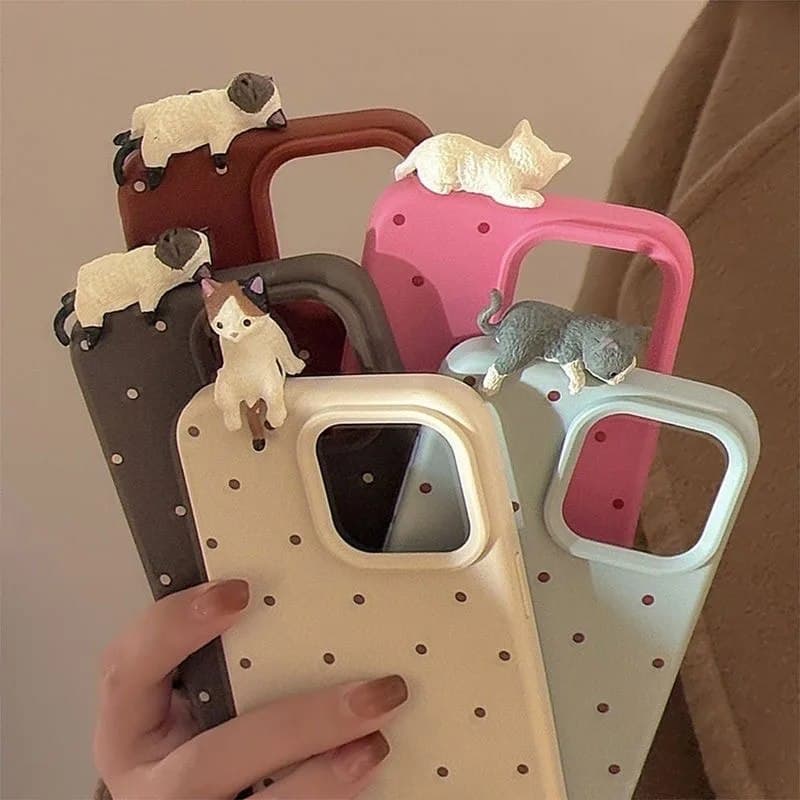 Милый мультяшный 3D-чехол для телефона с изображением кошки и узором в горошек для iPhone 16, 17, 18 Pro Max, а также для iPhone 15, 14 Plus, 12, 13, 11 Pro Max.